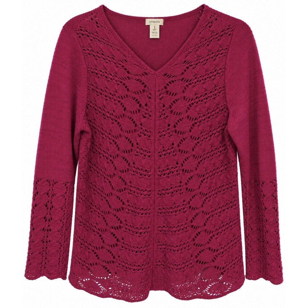 Chicos Berry Pink Size 1 Crochet Lace Sweater 100% Cotton V Neck Cottagecore